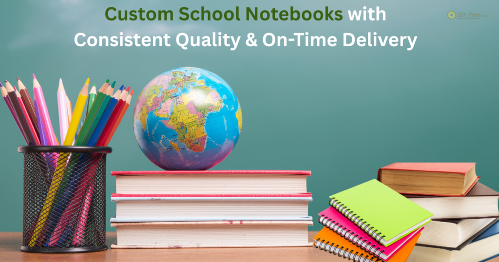 Custom notebook printing for schools with logo, high-quality binding and bulk production by SFA Print
