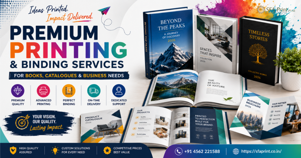 SFA Print custom printing and binding services in India featuring books, catalogues, brochures, business printing materials, and premium binding solutions.