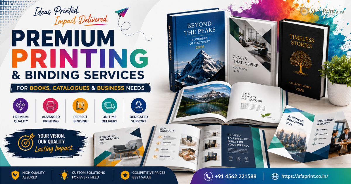 SFA Print custom printing and binding services in India featuring books, catalogues, brochures, business printing materials, and premium binding solutions.
