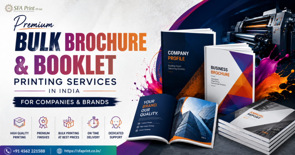 Bulk brochure and booklet printing services by SFA Print featuring premium corporate brochures, business catalogues, and professional booklet printing solutions in India.
